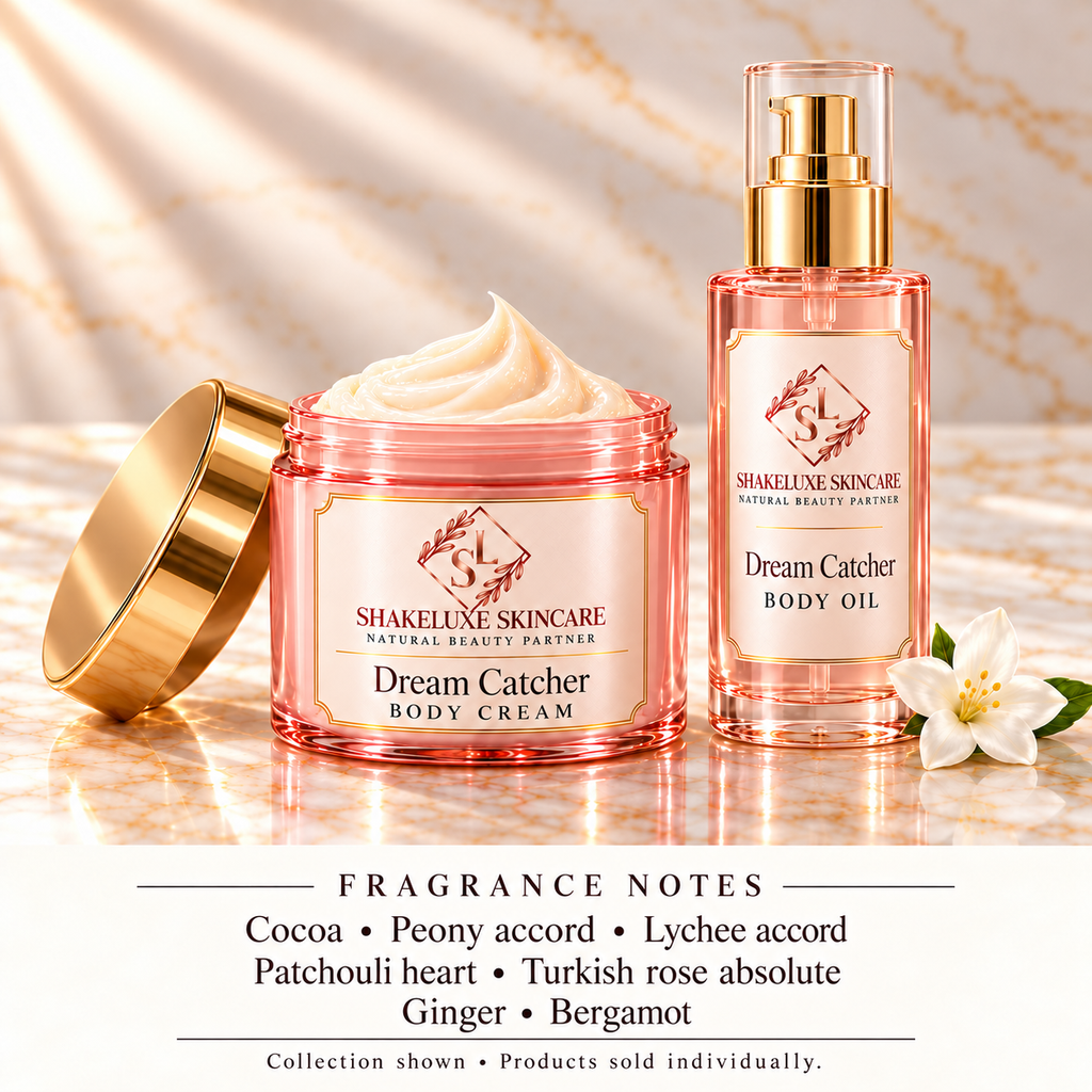 ShakeLuxe Dream Catcher cream and oil with SL branding and corrected Attrape-Reves fragrance notes; products sold individually