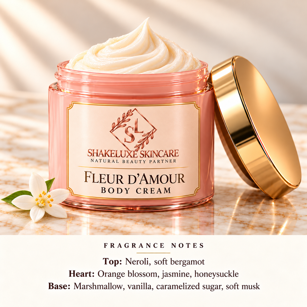 ShakeLuxe Fleur d’Amour Body Cream with SL branding and fragrance notes.