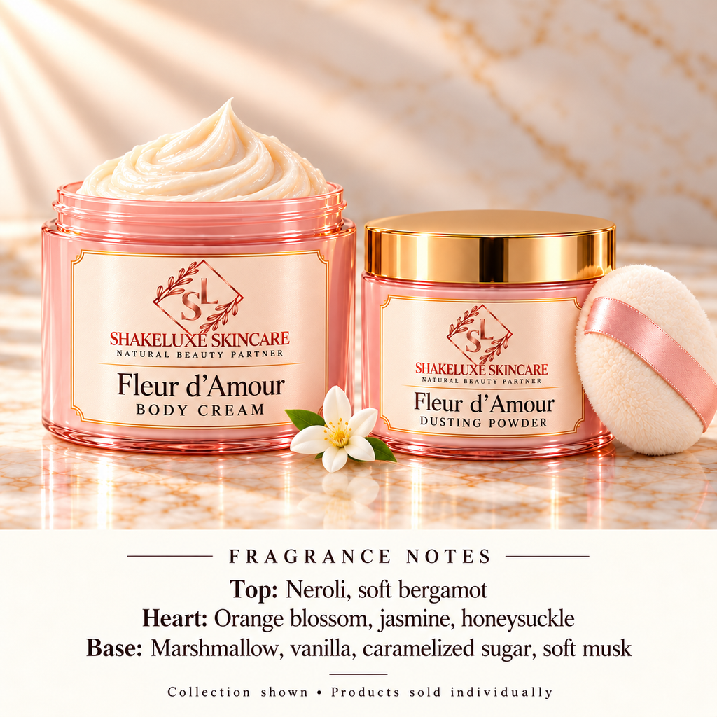 ShakeLuxe Fleur d’Amour body cream and dusting powder collection with SL branding and fragrance notes. Products sold individually.