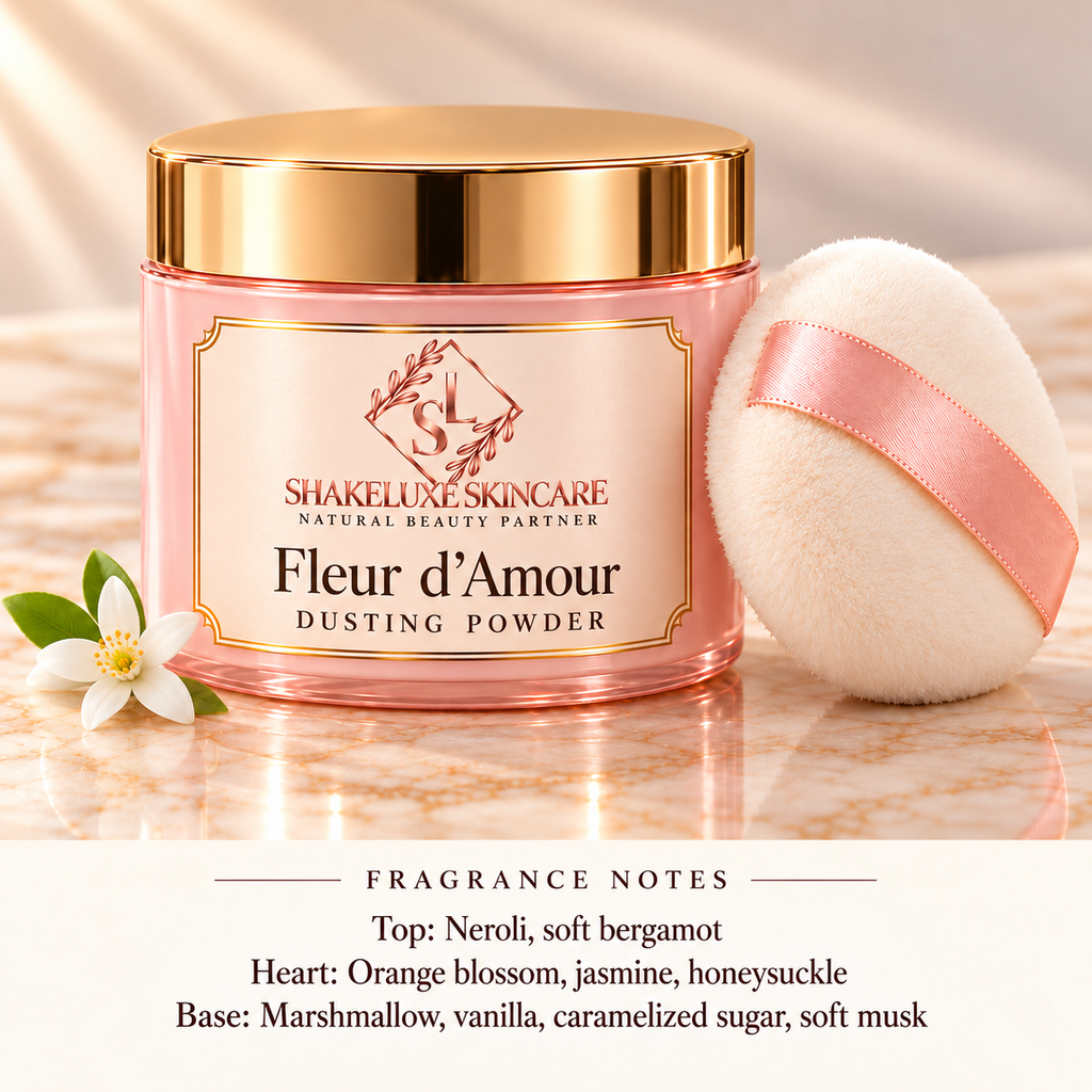 ShakeLuxe Fleur d’Amour Dusting Powder with SL branding and fragrance notes.