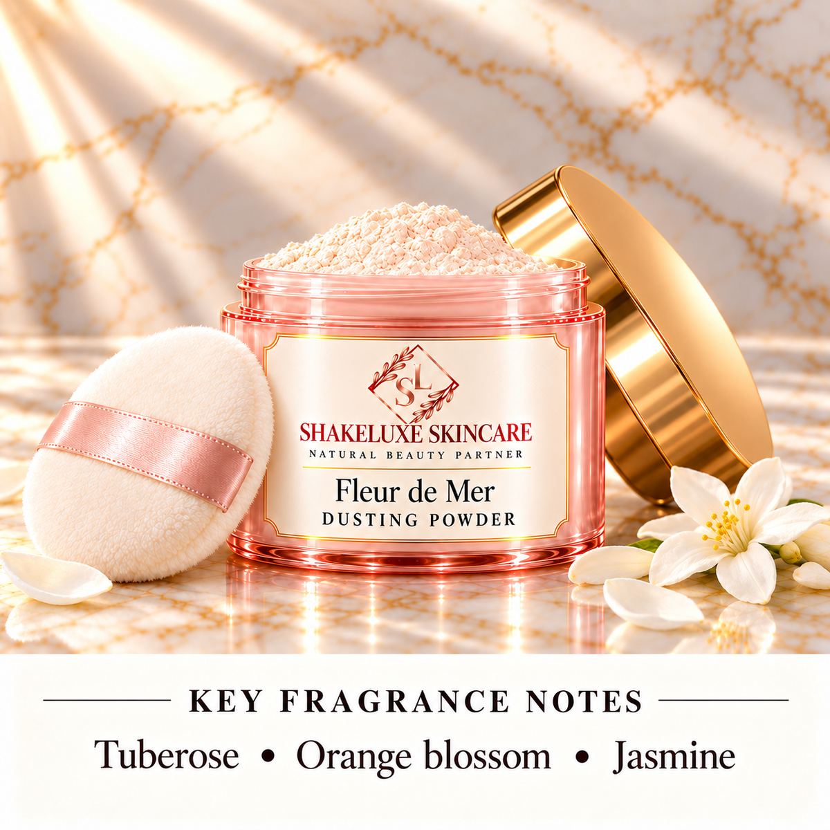 ShakeLuxe Fleur de Mer Dusting Powder with key fragrance notes: Tuberose • Orange blossom • Jasmine