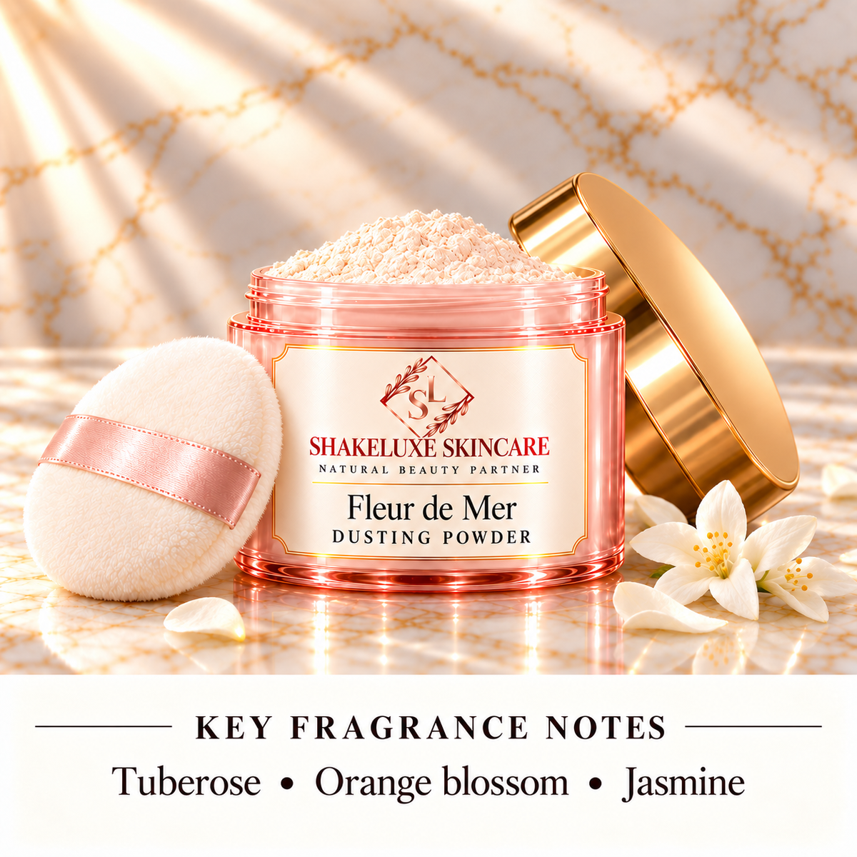 ShakeLuxe Fleur de Mer Dusting Powder with key fragrance notes: Tuberose • Orange blossom • Jasmine