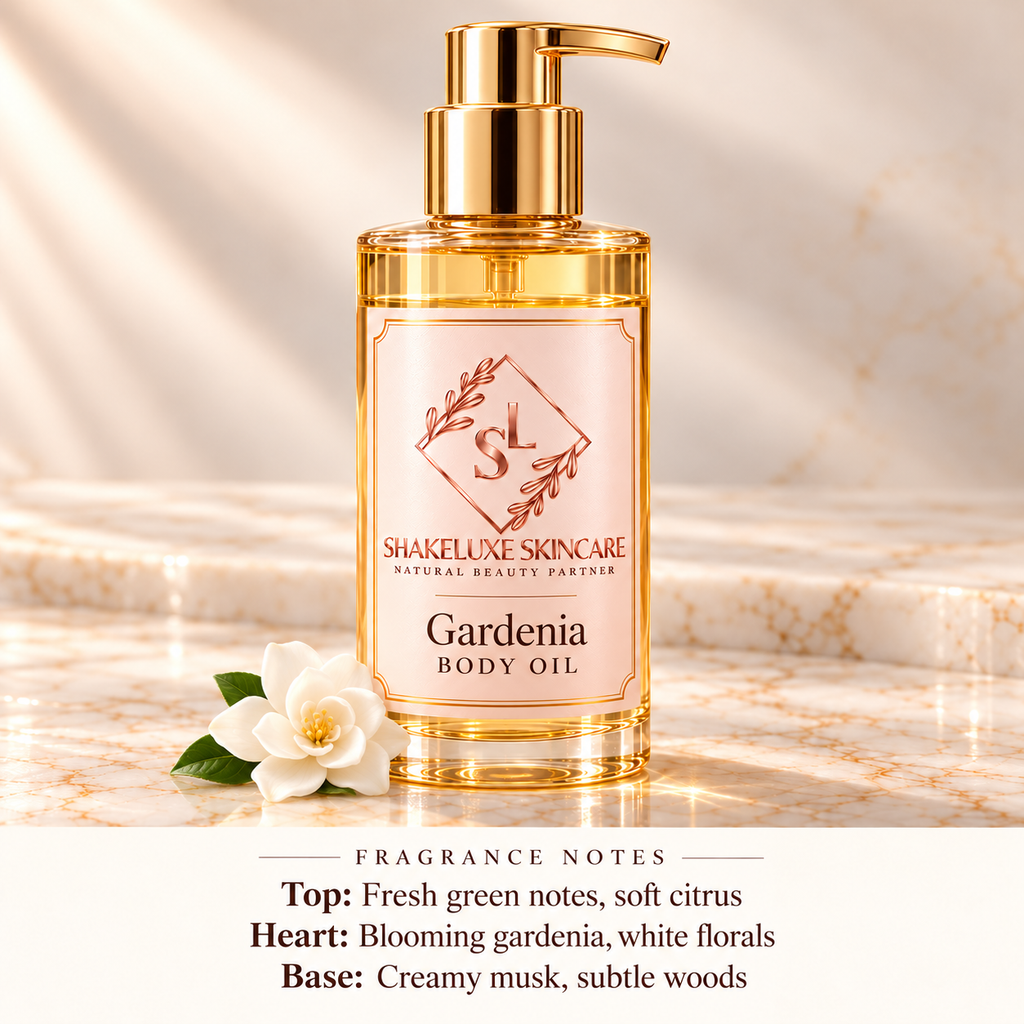 ShakeLuxe Gardenia Body Oil with SL branding and fragrance notes.