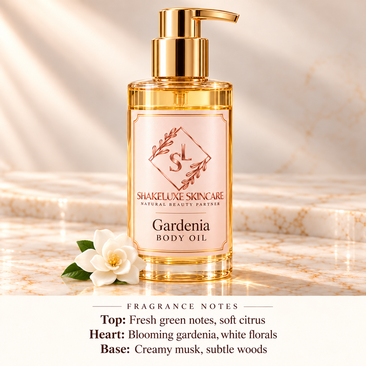 ShakeLuxe Gardenia Body Oil with SL branding and fragrance notes.