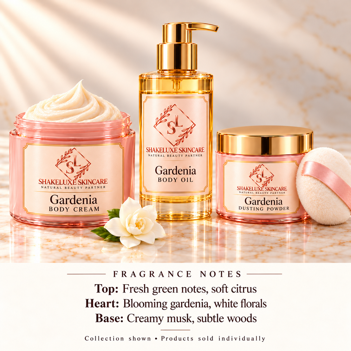 ShakeLuxe Gardenia cream, body oil and dusting powder collection with fragrance notes. Products sold individually.