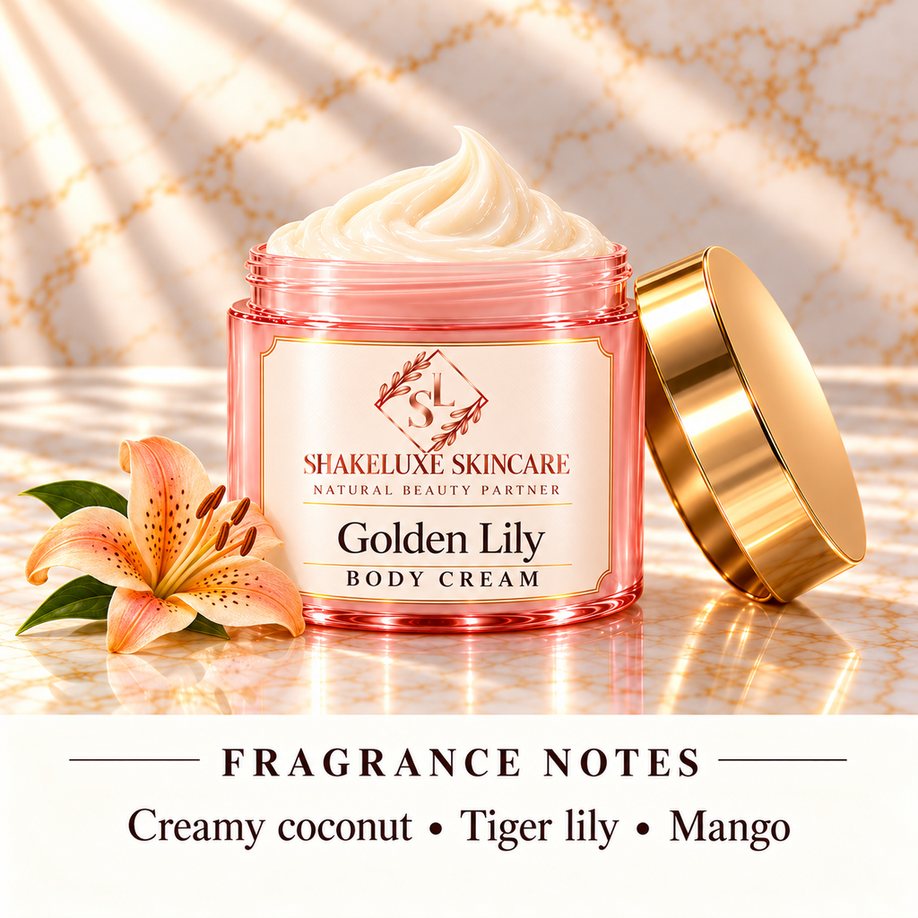 Golden Lily body-cream product image with ShakeLuxe SL branding and fragrance notes