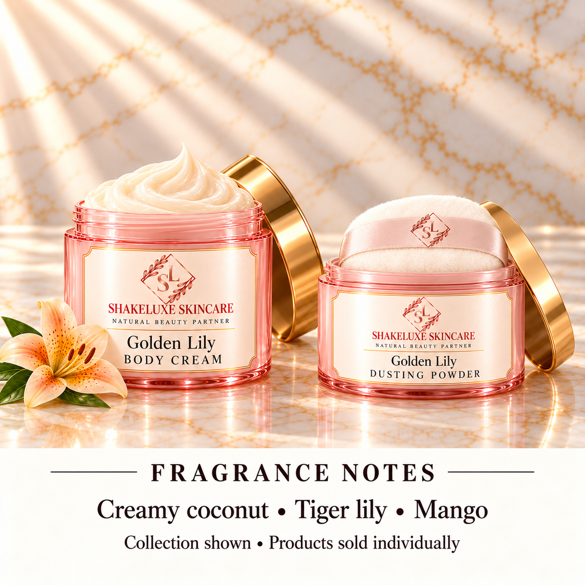 Golden Lily collection product image with ShakeLuxe SL branding and fragrance notes
