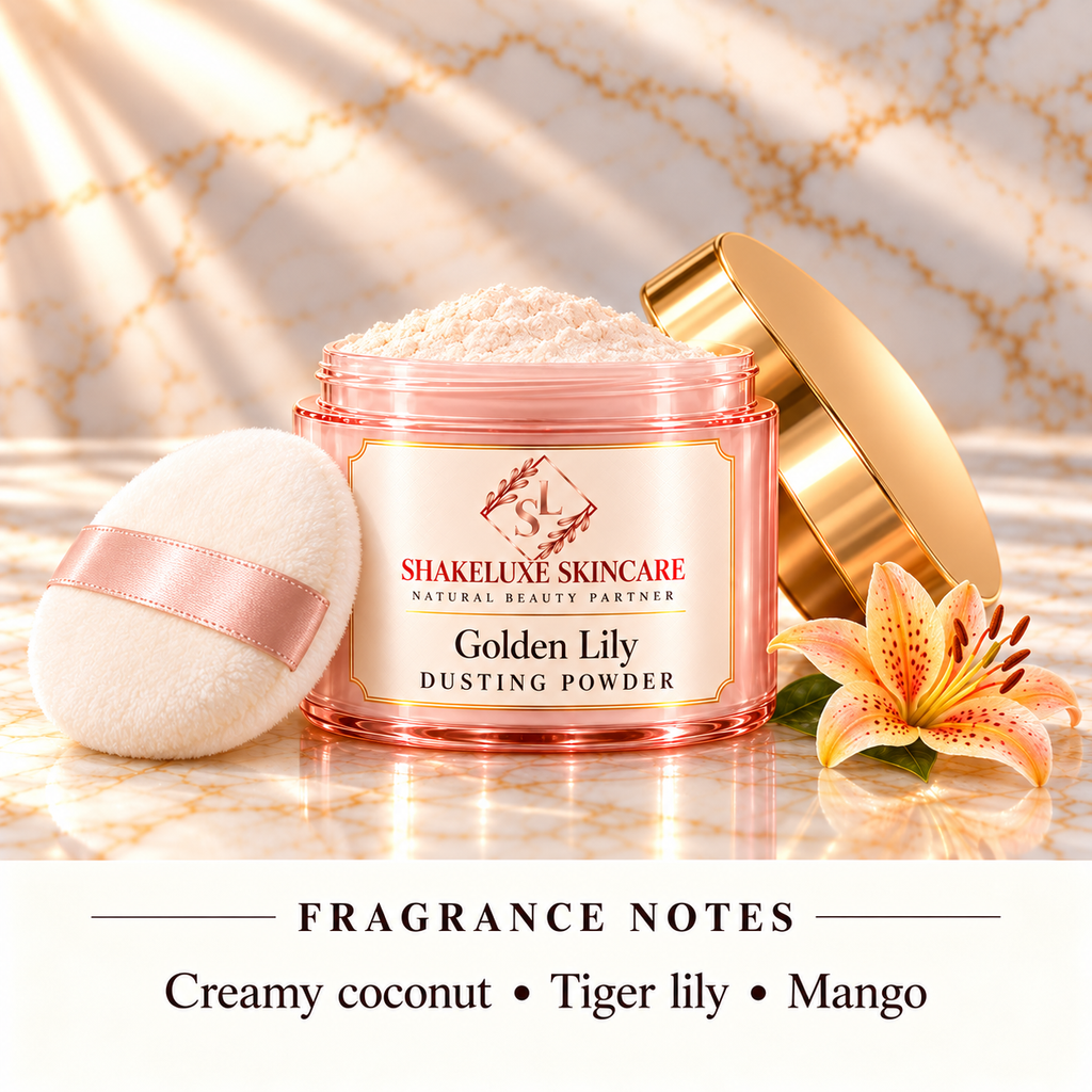 Golden Lily dusting-powder product image with ShakeLuxe SL branding and fragrance notes