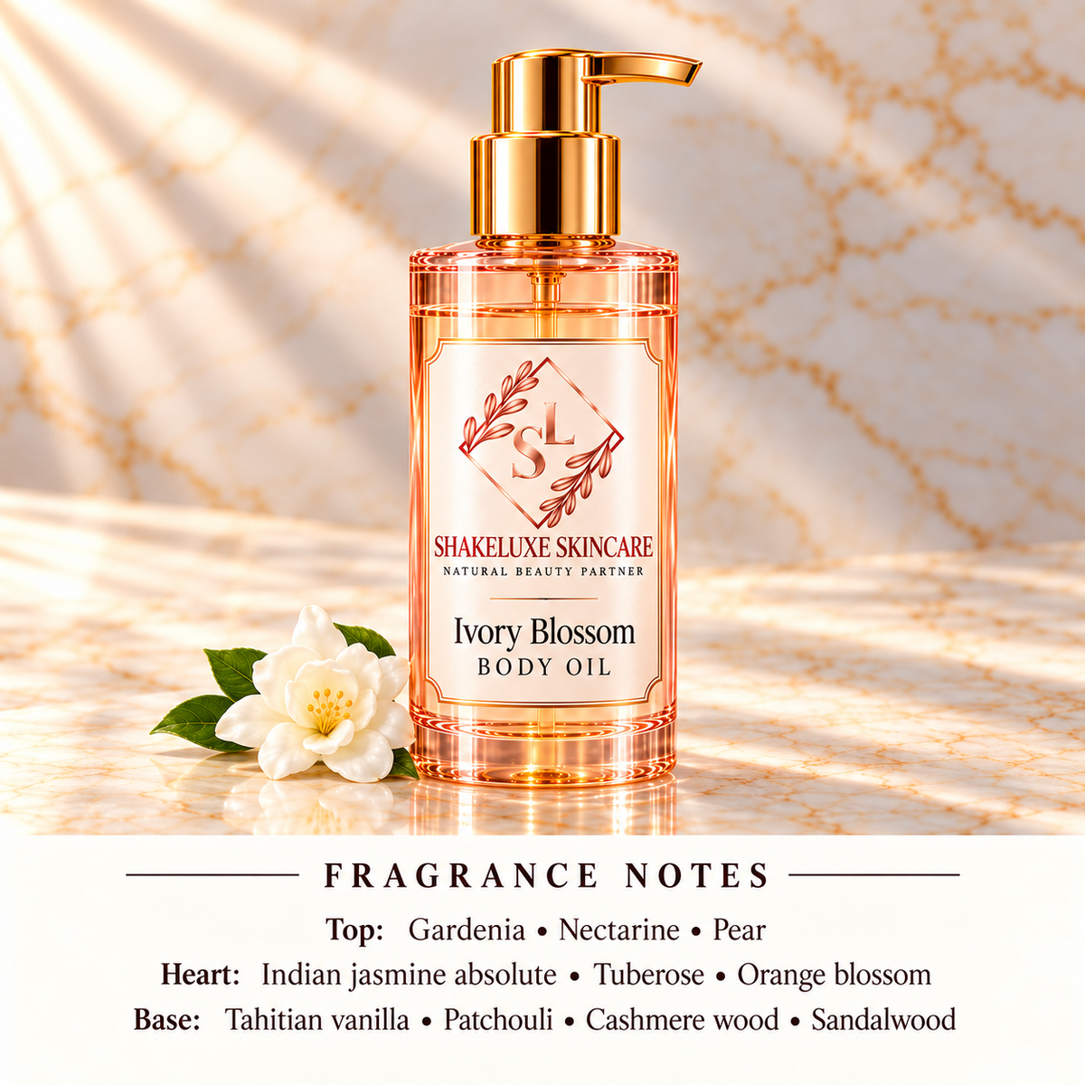 ShakeLuxe Ivory Blossom Body Oil with SL branding and full gardenia, nectarine, pear, white floral and vanilla woods fragrance notes