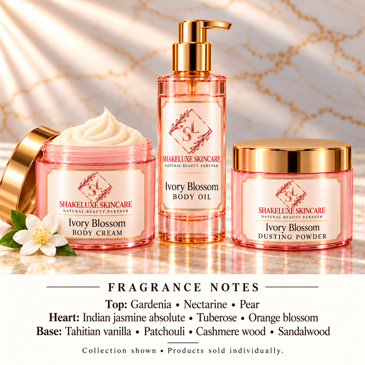 ShakeLuxe Ivory Blossom cream, oil and dusting powder with SL branding and full fragrance notes; products sold individually