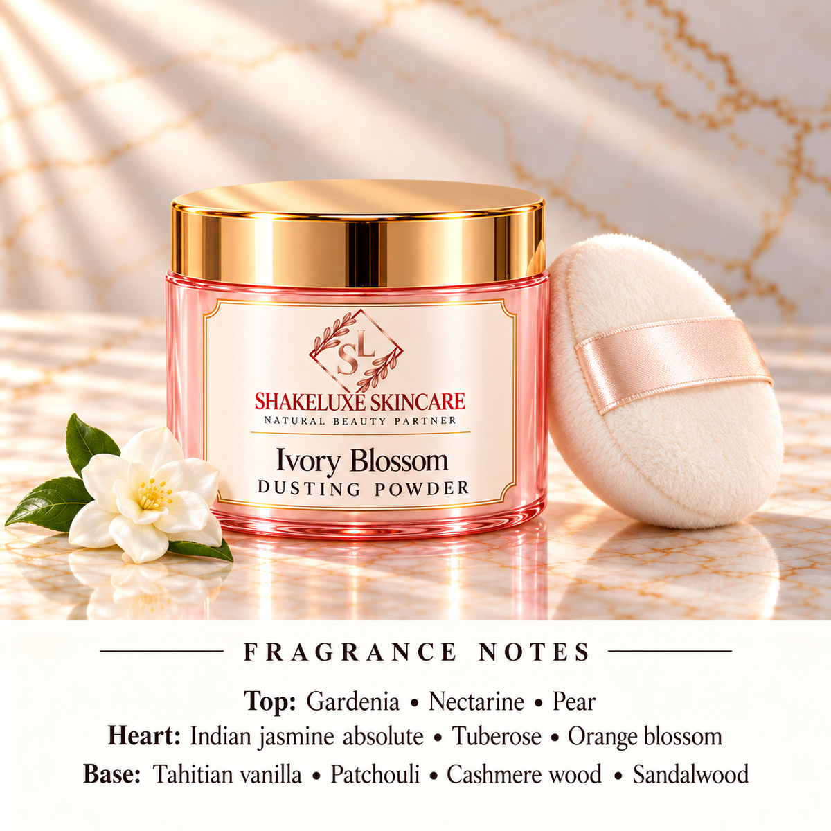 ShakeLuxe Ivory Blossom Dusting Powder with SL branding and full gardenia, nectarine, pear, white floral and vanilla woods fragrance notes
