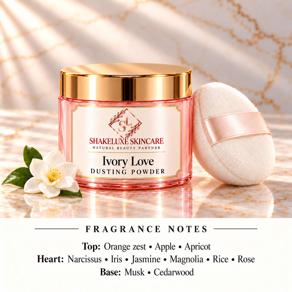 ShakeLuxe Skincare Ivory Love Dusting Powder with SL logo