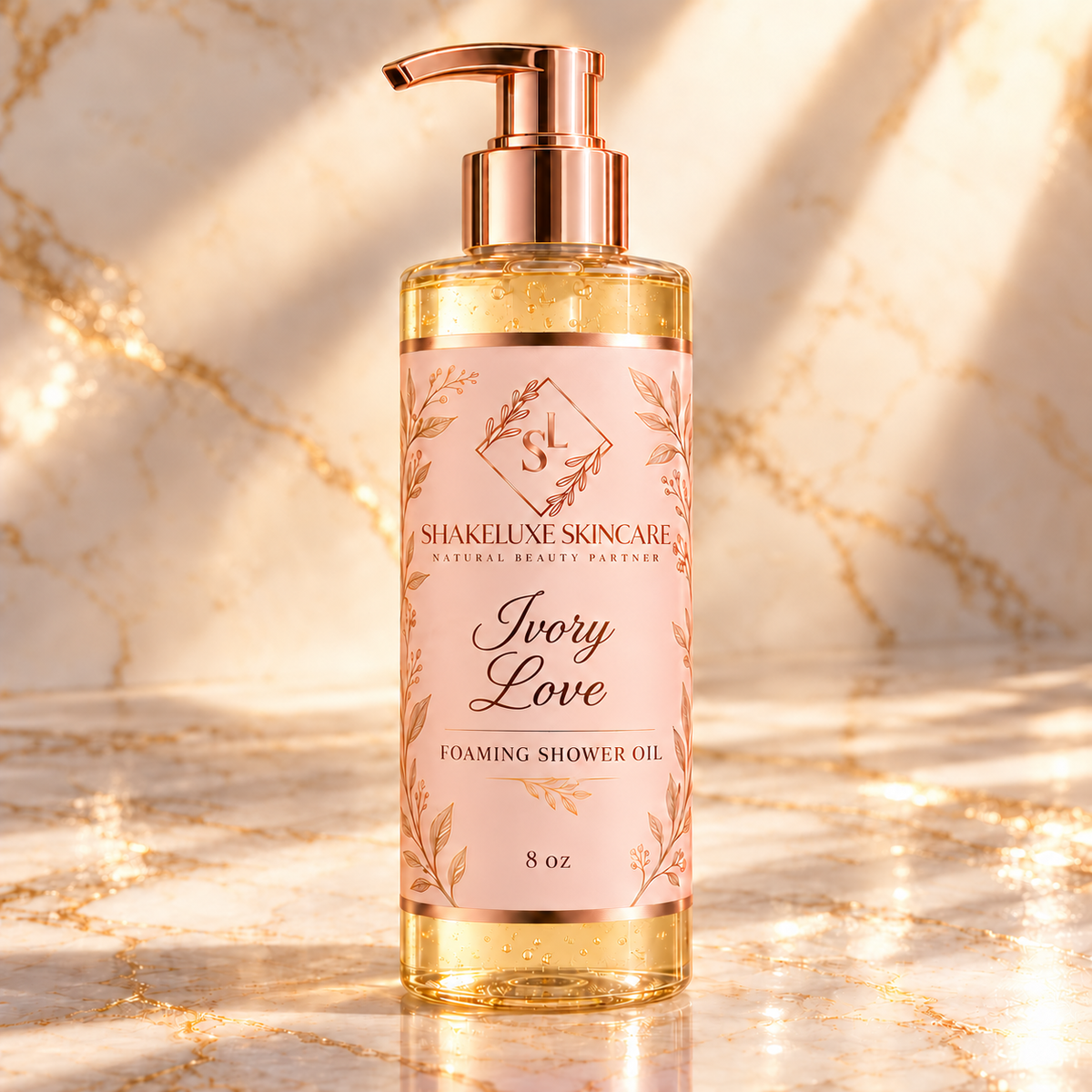 ShakeLuxe Skincare Ivory Love Foaming Shower Oil with SL logo