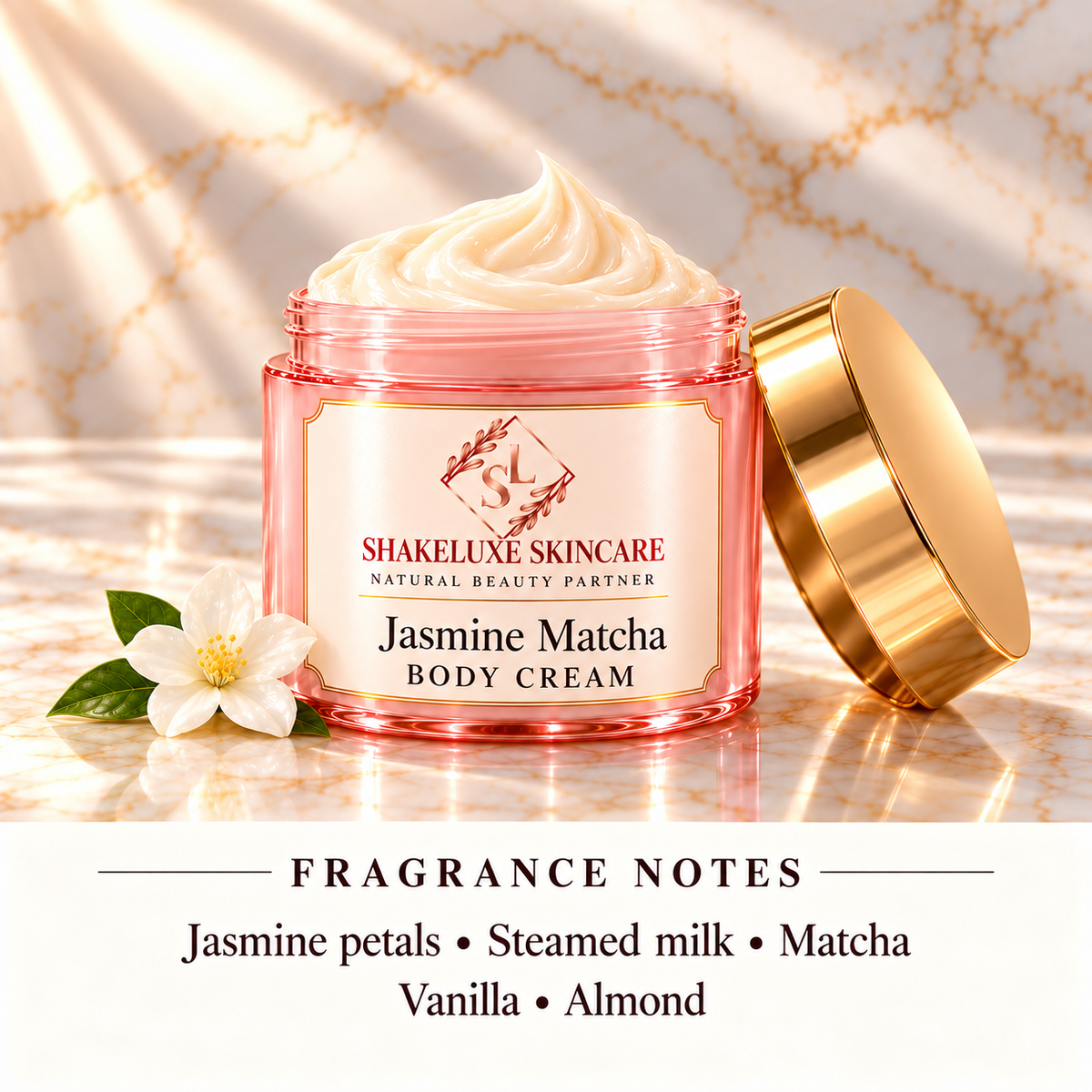 Jasmine Matcha body-cream product image with ShakeLuxe SL branding and fragrance notes