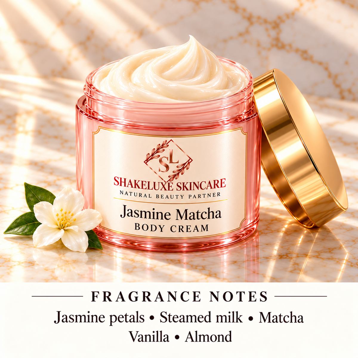 Jasmine Matcha detail product image with ShakeLuxe SL branding and fragrance notes