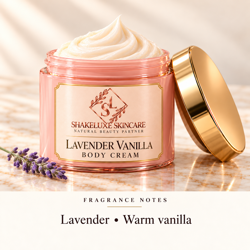 ShakeLuxe Lavender Vanilla Body Cream with SL branding and notes of lavender and warm vanilla.