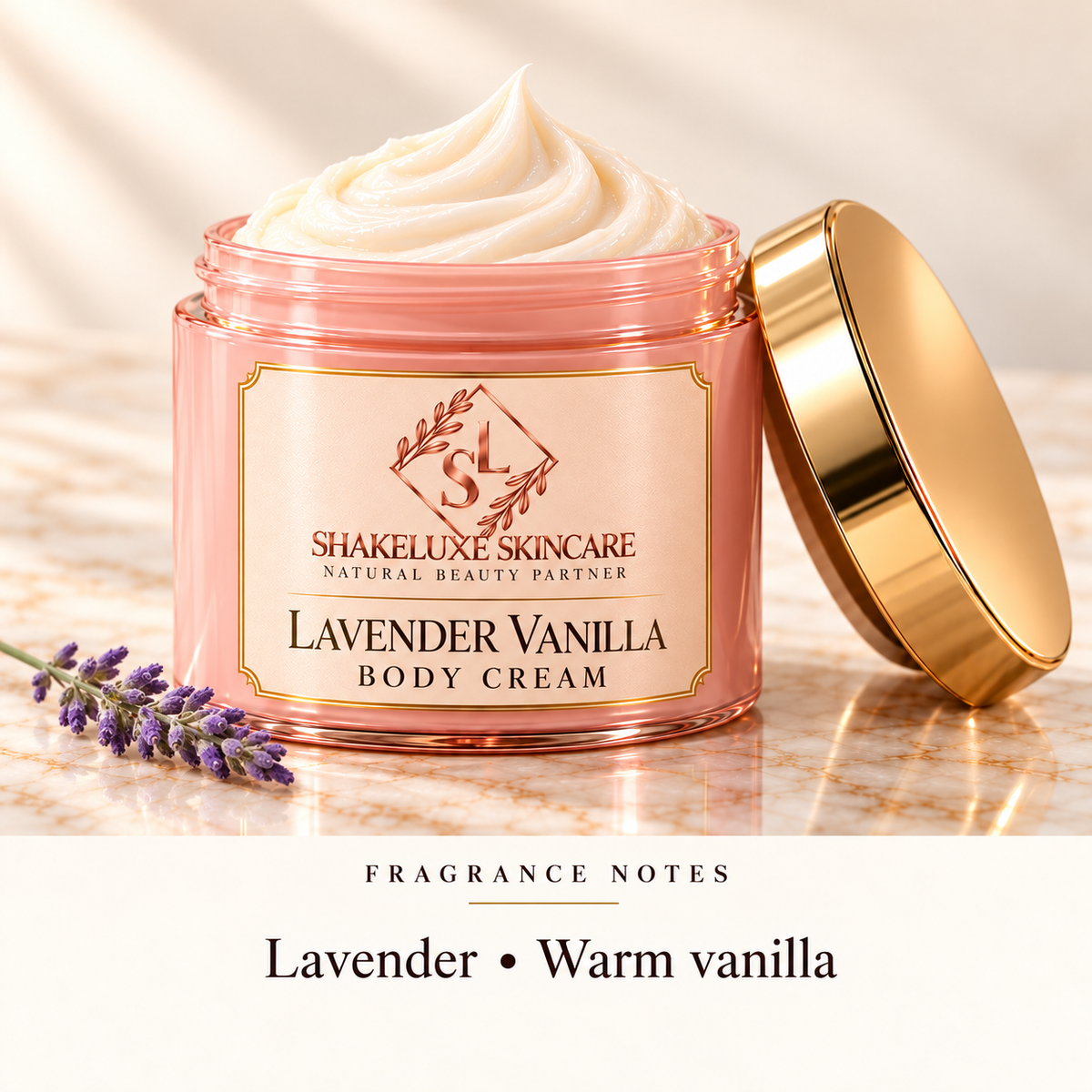 ShakeLuxe Lavender Vanilla Body Cream with SL branding and notes of lavender and warm vanilla.
