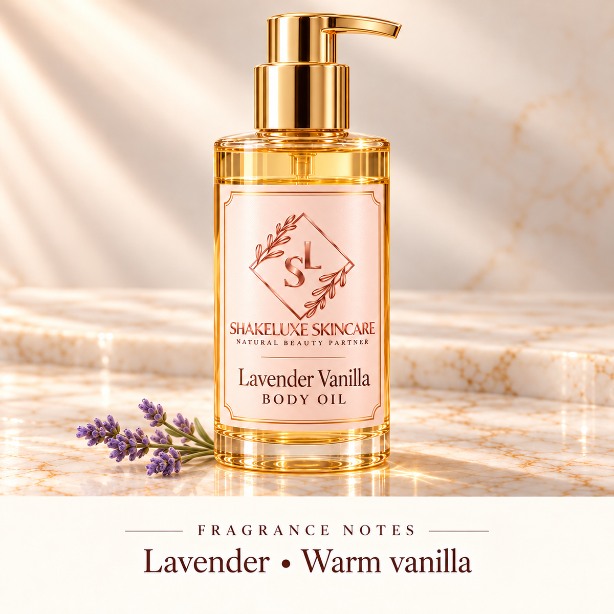 ShakeLuxe Lavender Vanilla Body Oil with SL branding and notes of lavender and warm vanilla.