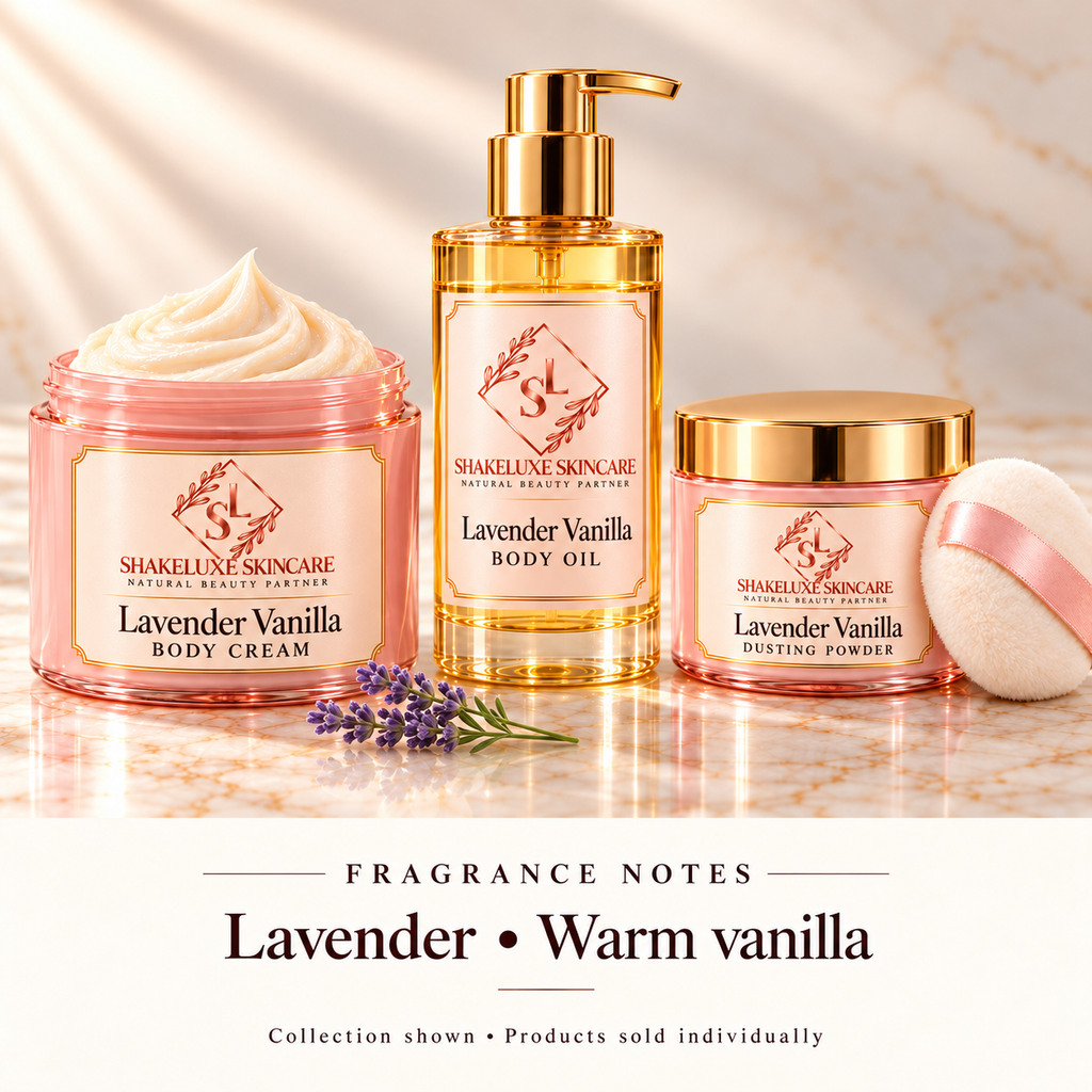 ShakeLuxe Lavender Vanilla cream, body oil and dusting powder. Lavender and warm vanilla notes. Products sold individually.