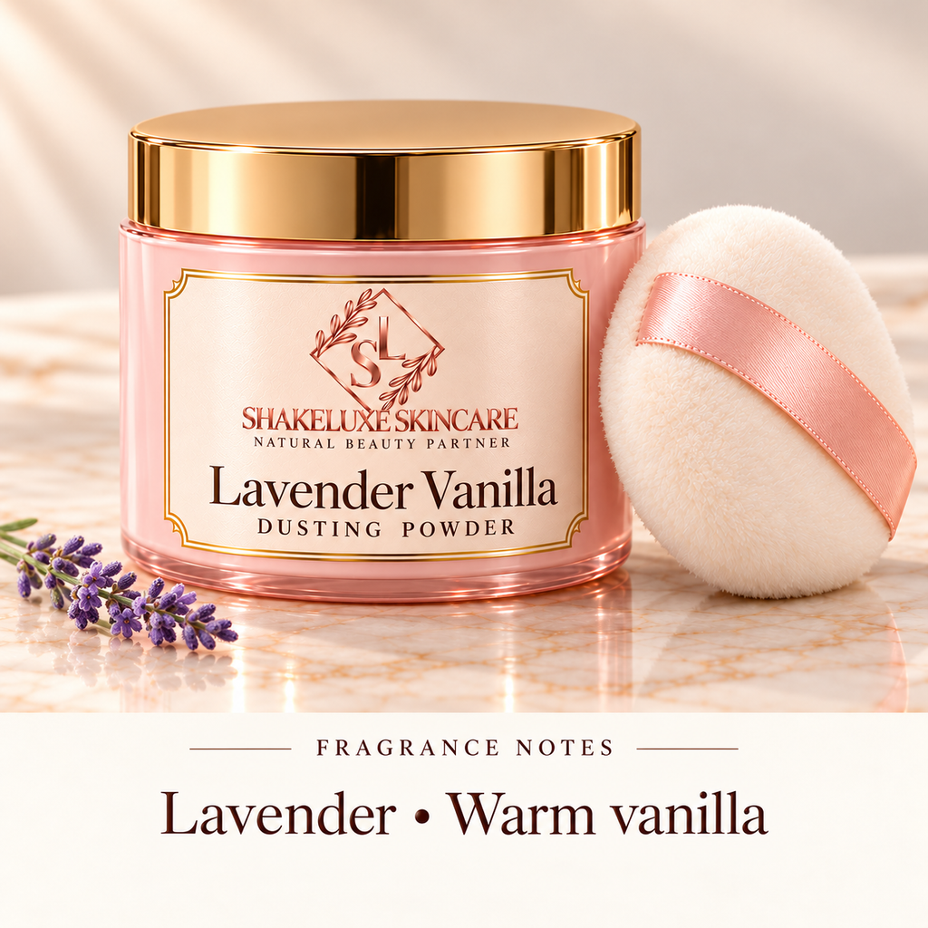 ShakeLuxe Lavender Vanilla Dusting Powder with SL branding and notes of lavender and warm vanilla.