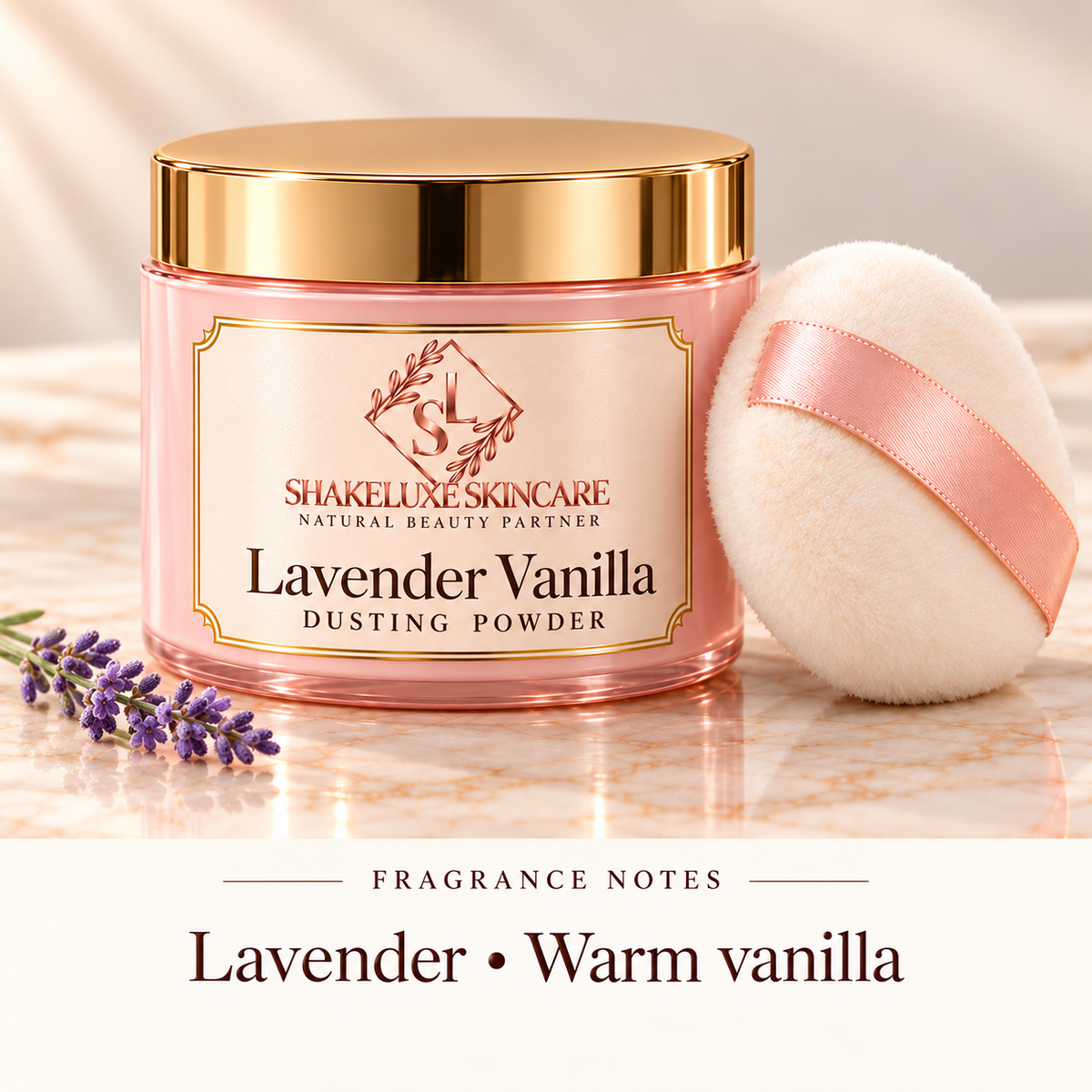 ShakeLuxe Lavender Vanilla Dusting Powder with SL branding and notes of lavender and warm vanilla.