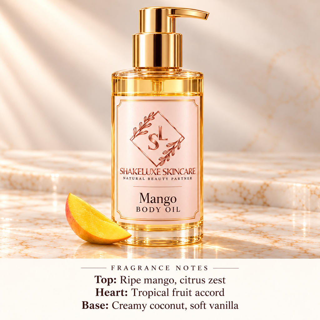 ShakeLuxe Mango Body Oil with SL branding and fragrance notes.