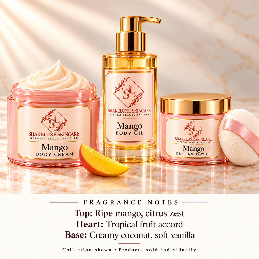 ShakeLuxe Mango cream, body oil and dusting powder with fragrance notes. Products sold individually.