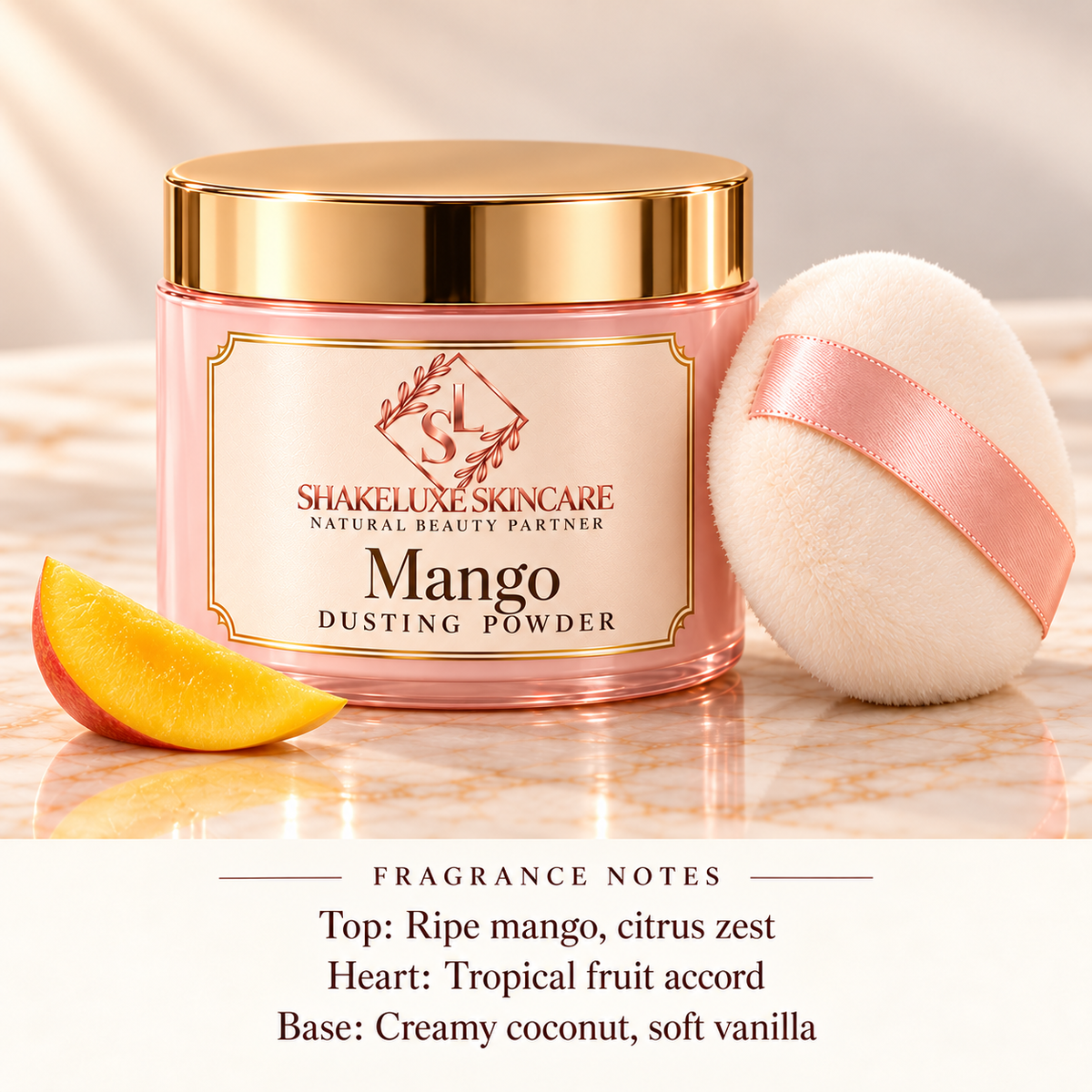 ShakeLuxe Mango Dusting Powder with SL branding and fragrance notes.