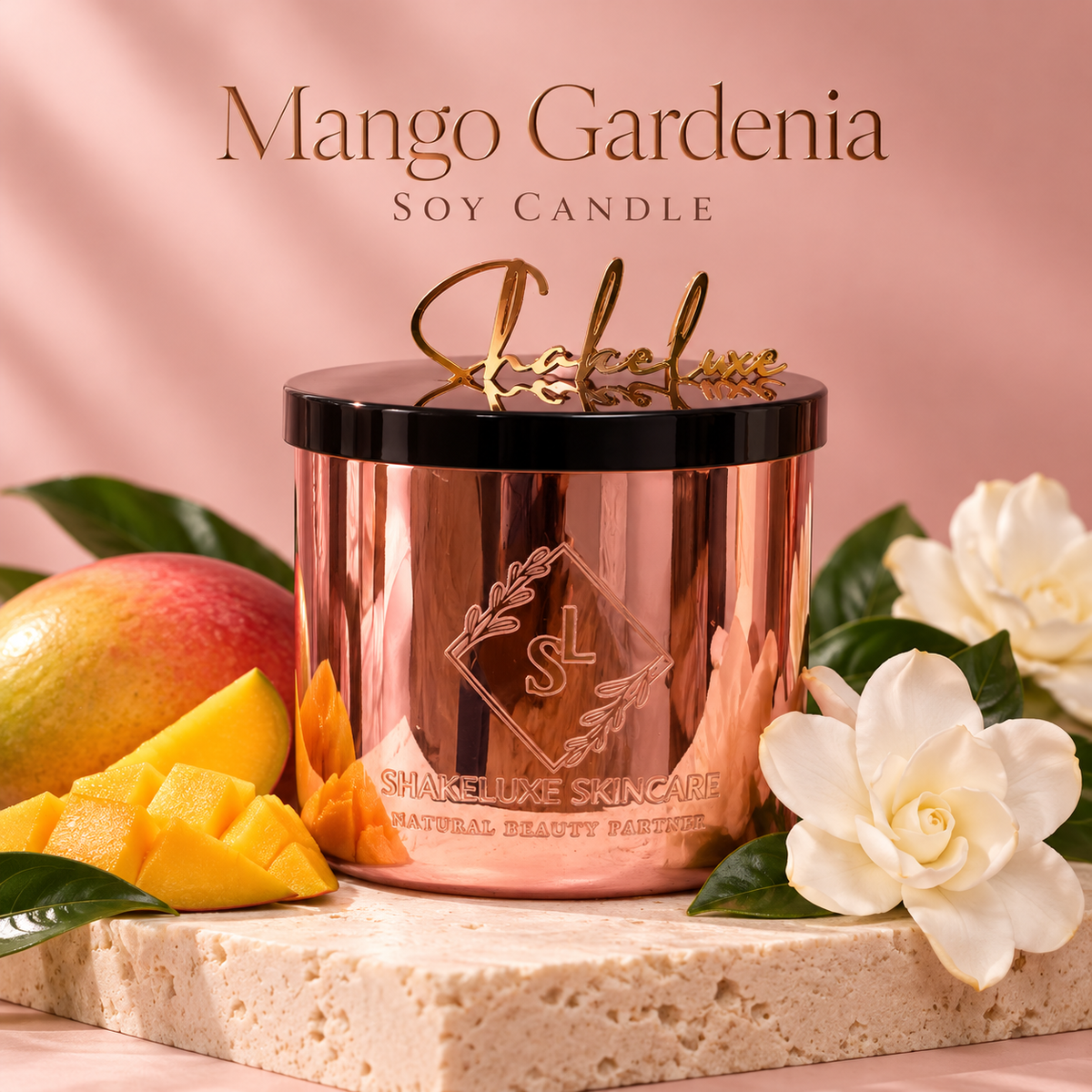 ShakeLuxe Mango Gardenia Soy Candle — rose-gold vessel