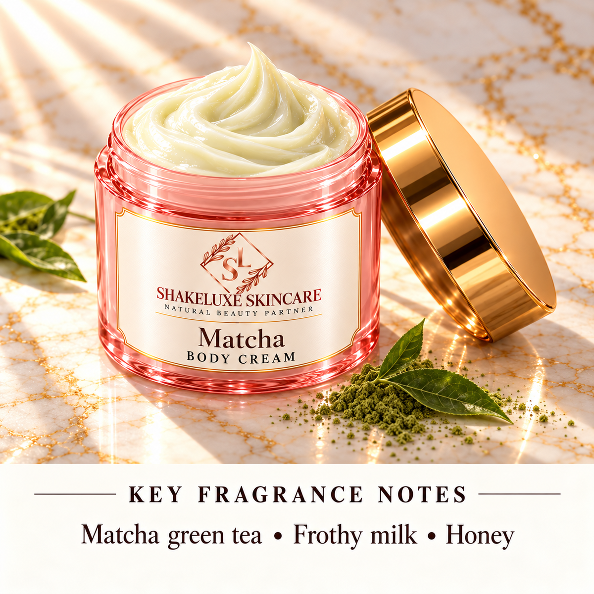 ShakeLuxe Matcha Body Cream with fragrance notes: Matcha green tea • Frothy milk • Honey