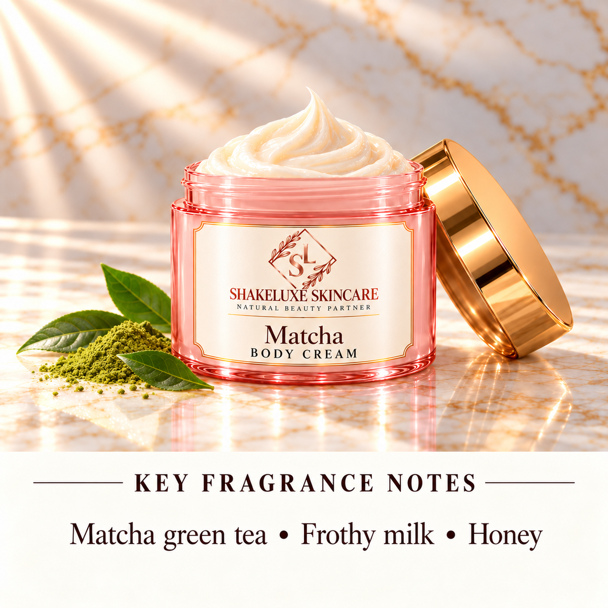 ShakeLuxe Matcha Body Cream with fragrance notes: Matcha green tea • Frothy milk • Honey