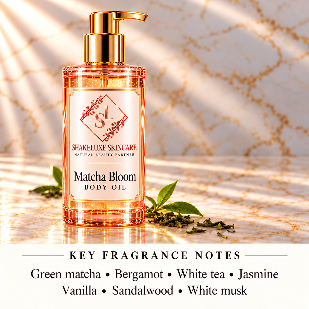 ShakeLuxe Matcha Bloom Body Oil with key fragrance notes: Green matcha • Bergamot • White tea • Jasmine; Vanilla • Sandalwood • White musk