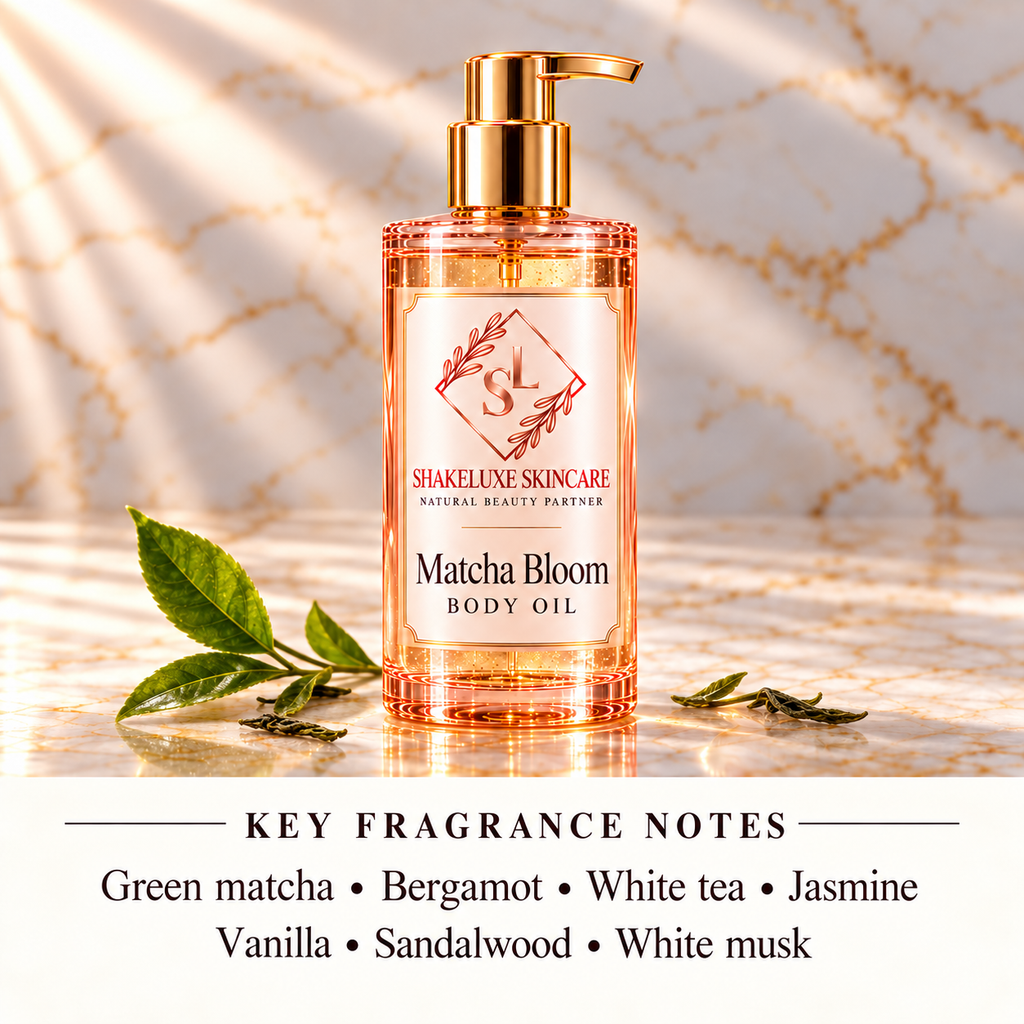 ShakeLuxe Matcha Bloom Body Oil with key fragrance notes: Green matcha • Bergamot • White tea • Jasmine; Vanilla • Sandalwood • White musk