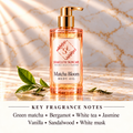ShakeLuxe Matcha Bloom Body Oil with key fragrance notes: Green matcha • Bergamot • White tea • Jasmine; Vanilla • Sandalwood • White musk