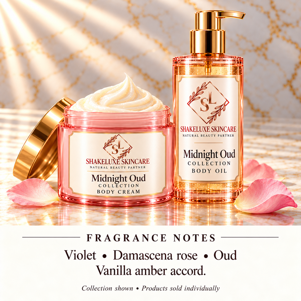 ShakeLuxe Midnight Oud collection, pink and gold packaging; Violet • Damascena rose • Oud; Vanilla amber accord; products sold individually