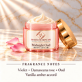 ShakeLuxe Midnight Oud body cream, pink and gold packaging; Violet • Damascena rose • Oud; Vanilla amber accord