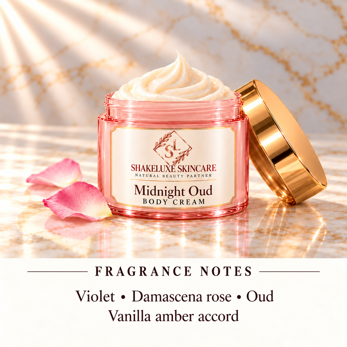 ShakeLuxe Midnight Oud body cream, pink and gold packaging; Violet • Damascena rose • Oud; Vanilla amber accord
