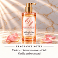 ShakeLuxe Midnight Oud body oil, pink and gold packaging; Violet • Damascena rose • Oud; Vanilla amber accord