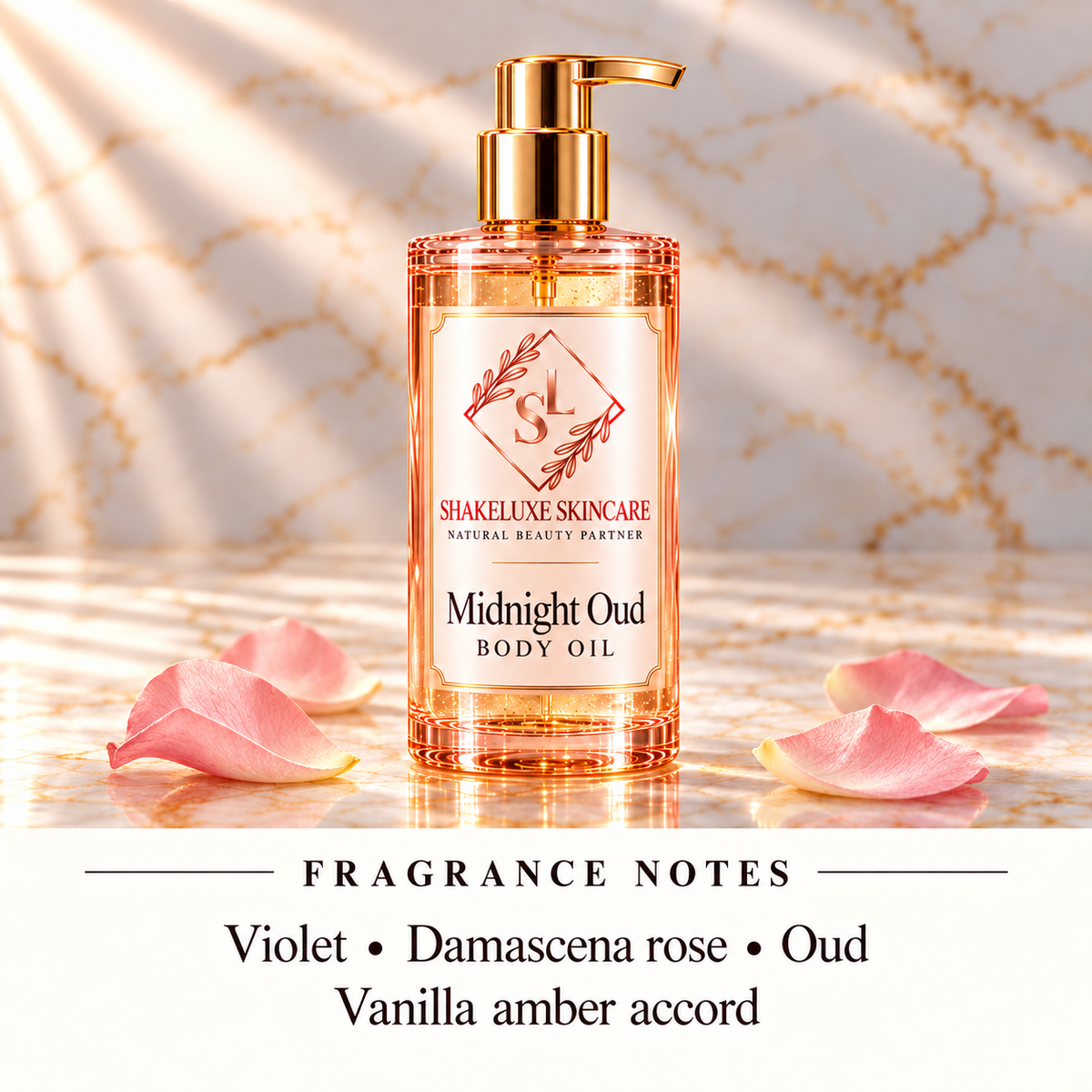 ShakeLuxe Midnight Oud body oil, pink and gold packaging; Violet • Damascena rose • Oud; Vanilla amber accord