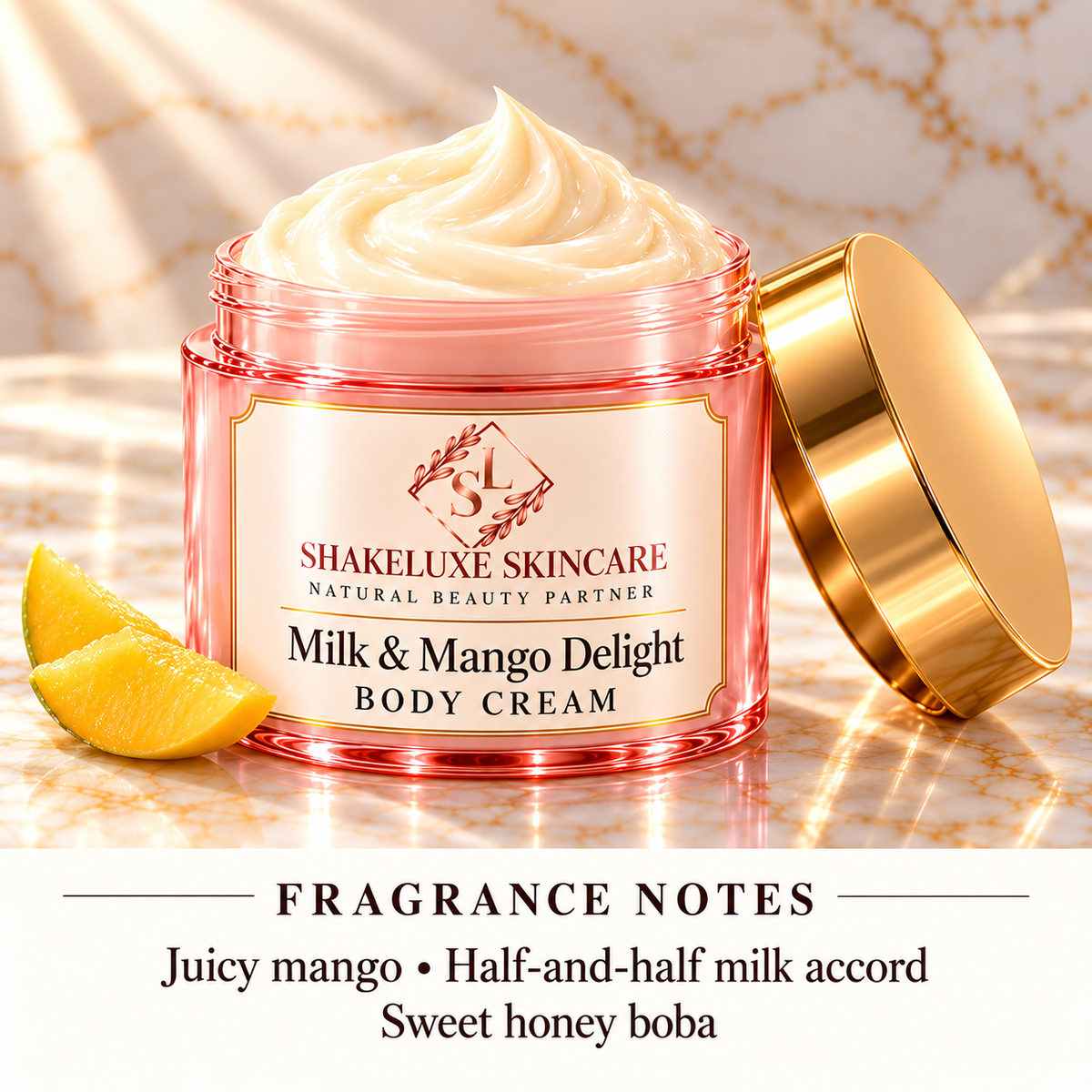 Milk & Mango Delight body cream close-up with ShakeLuxe SL branding and fragrance notes