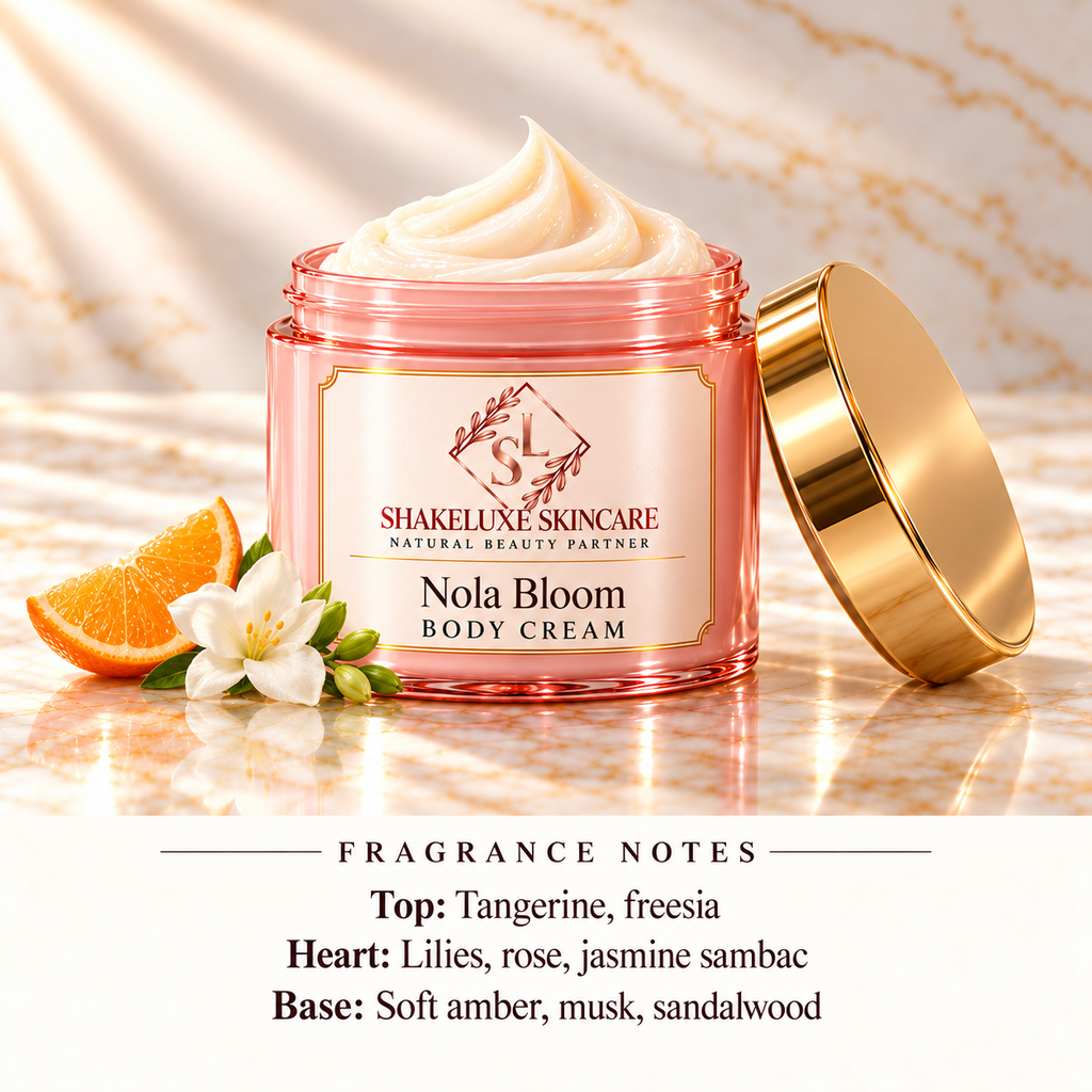 ShakeLuxe Nola Bloom Body Cream with SL branding and corrected fragrance notes.