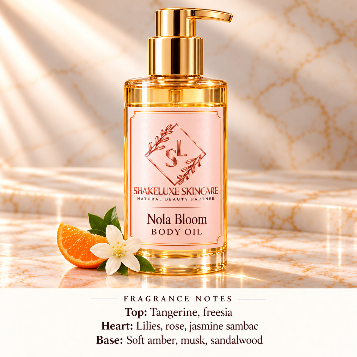 ShakeLuxe Nola Bloom Body Oil with SL branding and corrected fragrance notes.