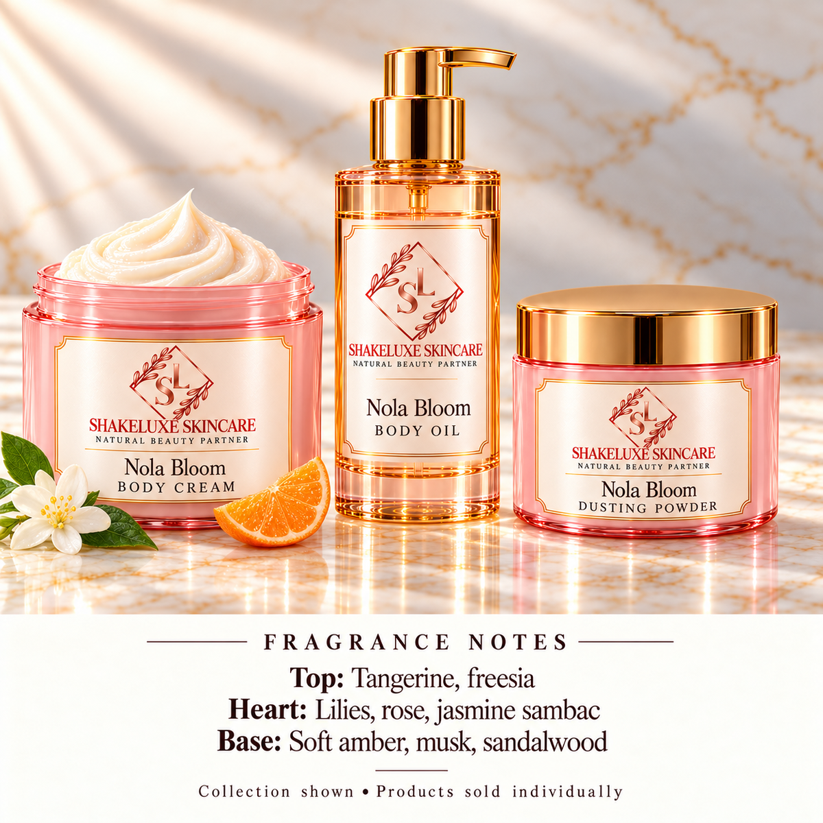 ShakeLuxe Nola Bloom cream, oil, and dusting powder collection with SL branding and corrected fragrance notes. Products sold individually.