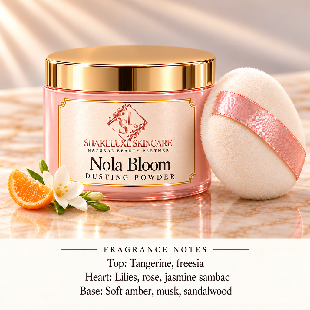 ShakeLuxe Nola Bloom Dusting Powder with SL branding and corrected fragrance notes.