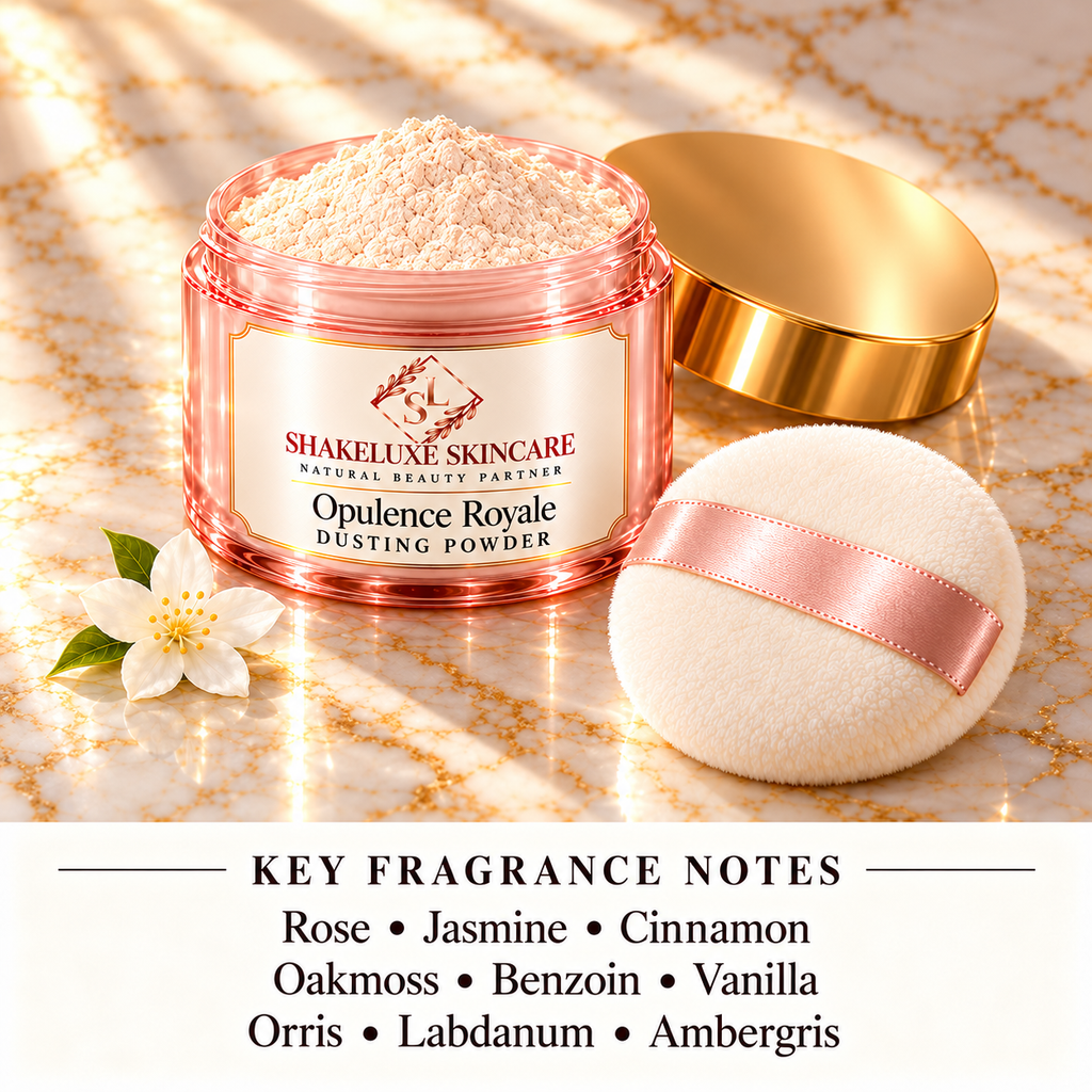 ShakeLuxe Opulence Royale Dusting Powder; Rose • Jasmine • Cinnamon • Oakmoss • Benzoin • Vanilla • Orris • Labdanum • Ambergris