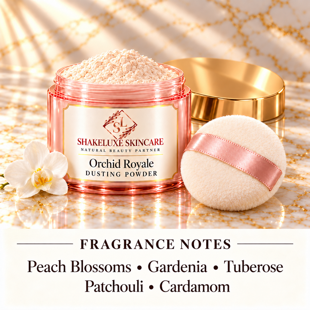 ShakeLuxe Orchid Royale Dusting Powder; Peach Blossoms • Gardenia • Tuberose • Patchouli • Cardamom