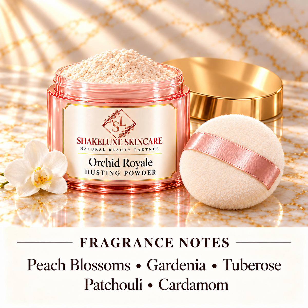 ShakeLuxe Orchid Royale Dusting Powder; Peach Blossoms • Gardenia • Tuberose • Patchouli • Cardamom