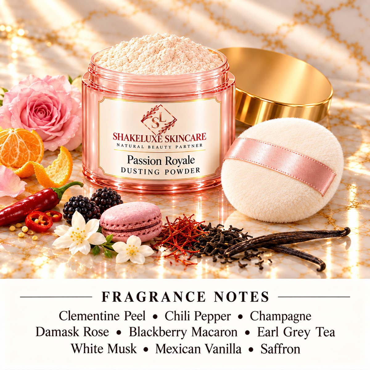 ShakeLuxe Passion Royale Dusting Powder; Clementine Peel • Chili Pepper • Champagne • Damask Rose • Blackberry Macaron • Earl Grey Tea • White Musk • Mexican Vanilla • Saffron