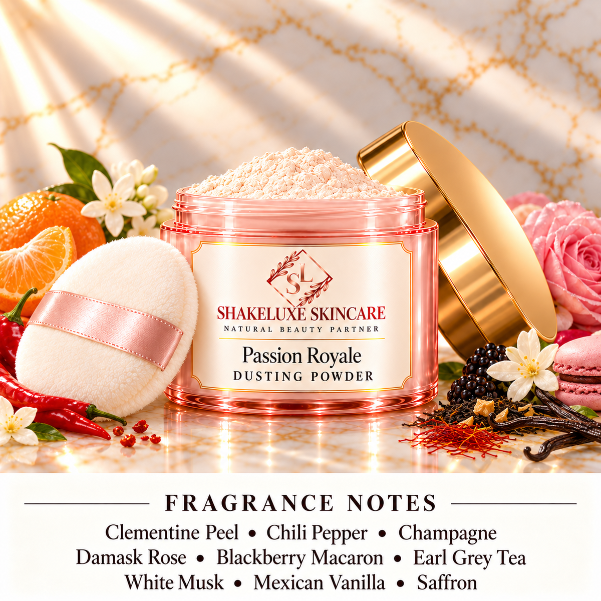 ShakeLuxe Passion Royale Dusting Powder; Clementine Peel • Chili Pepper • Champagne • Damask Rose • Blackberry Macaron • Earl Grey Tea • White Musk • Mexican Vanilla • Saffron