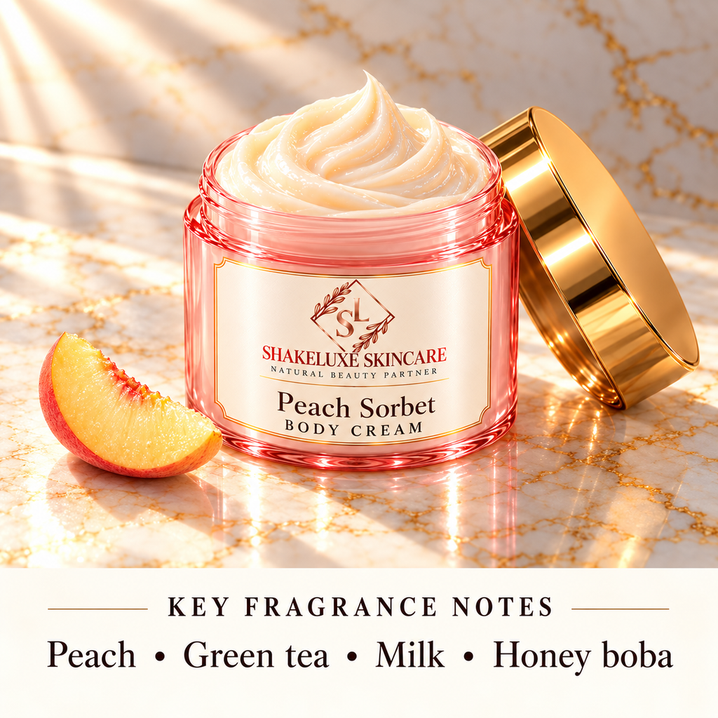ShakeLuxe Peach Sorbet Body Cream with fragrance notes: Peach • Green tea • Milk • Honey boba